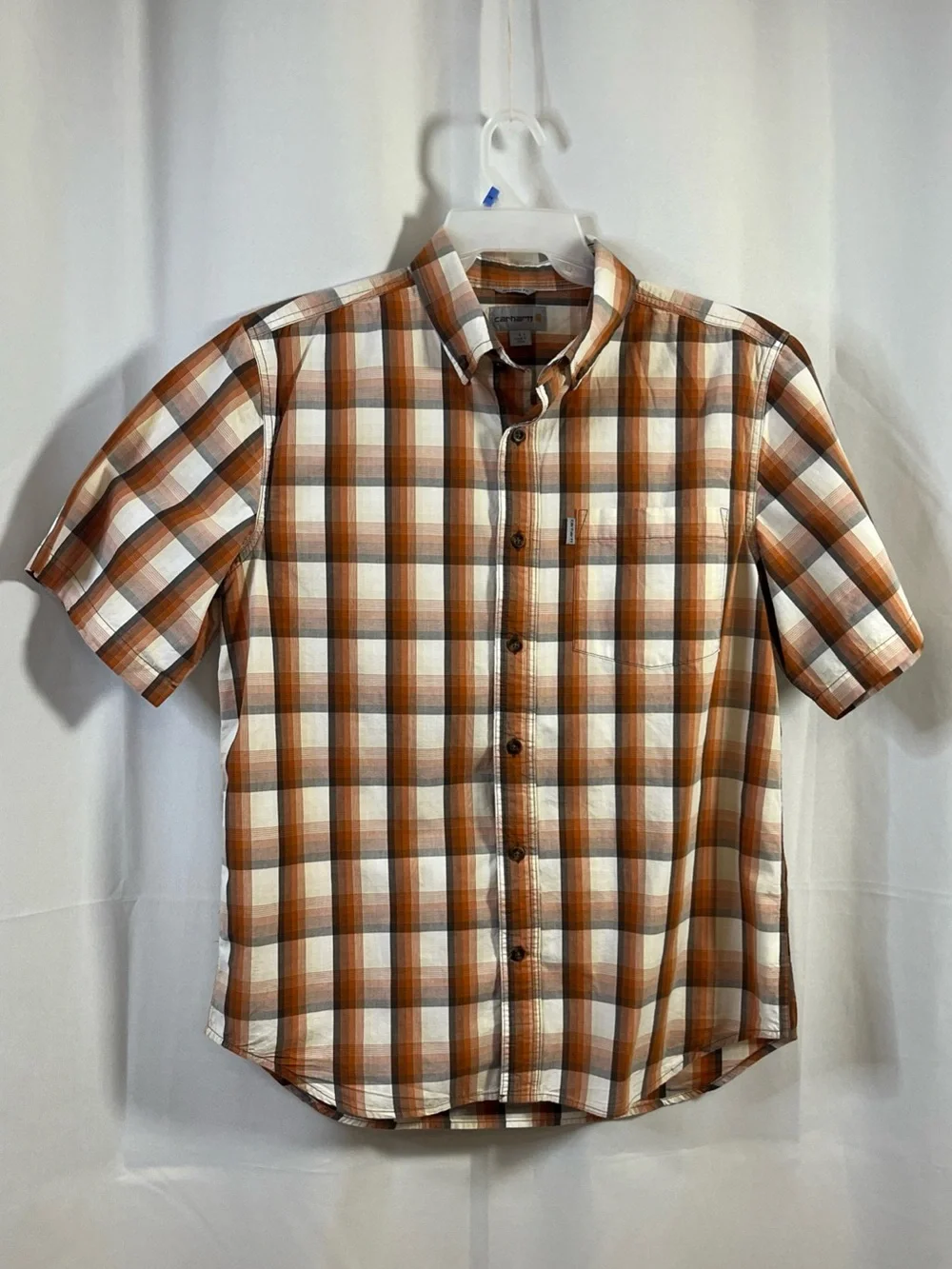 Carhartt Men's Relaxed Fit Button Down Plaid Shirt Pocket orange brown Large